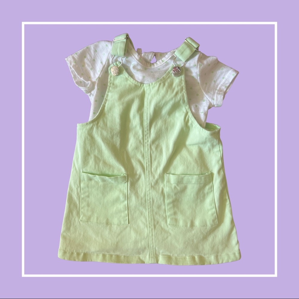 Jessica Simpson Light Florescent Green Overall Dress Polka Dot T-shirt—18M